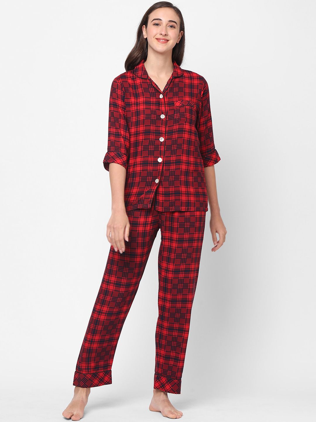 Sweet Dreams Women Red & Black Checked Night Suit Price in India