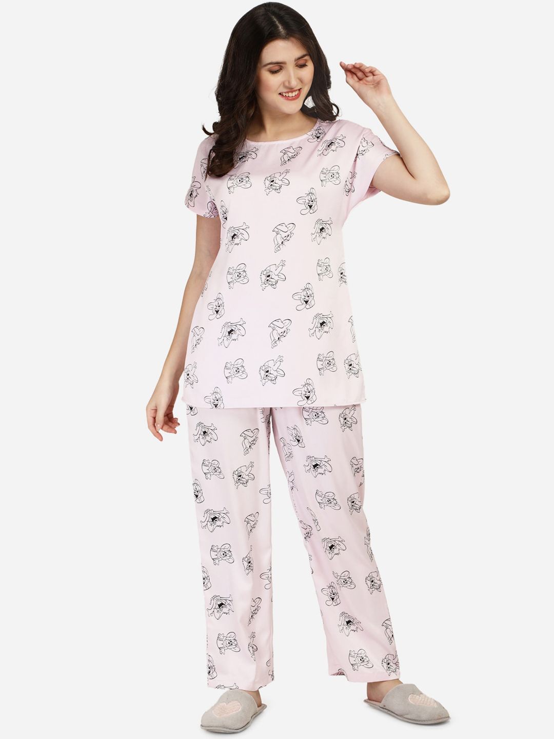 Smarty Pants Women Pink & Black Cartoon Characters Printed Night Suits Price in India