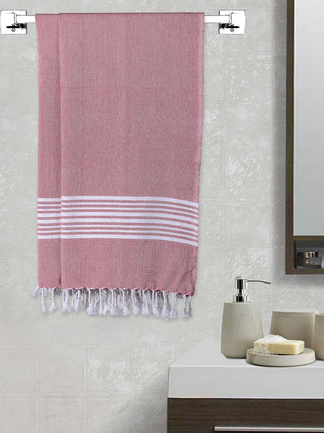 Arrabi Set Of 2 Pink Striped Cotton 210 GSM Bath Towels Price in India