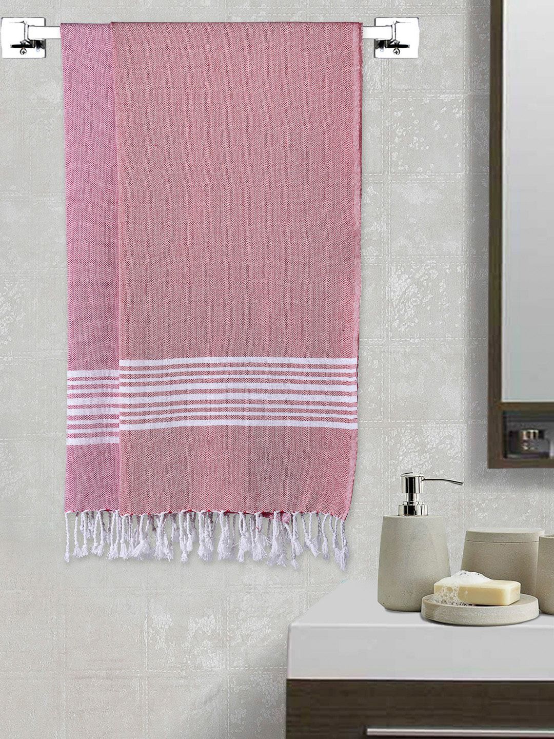 Arrabi Set of 2 Pink Striped 210 GSM Cotton Bath Towel Price in India