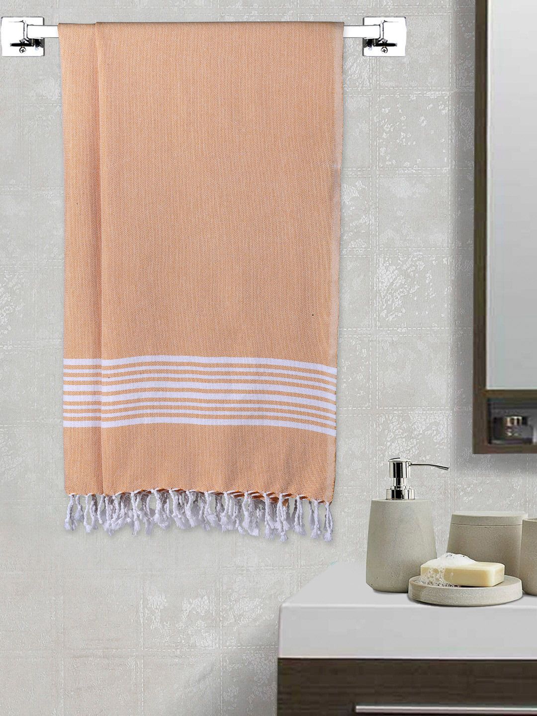 Arrabi Set of 2 Beige & White Striped Cotton Bath Towel Price in India