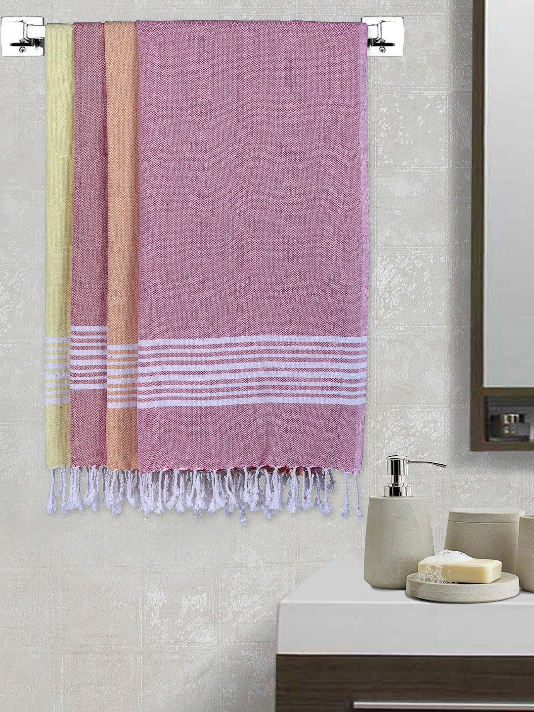 Arrabi Set of 4 Pink Striped 210 GSM Cotton Bath Towel Price in India