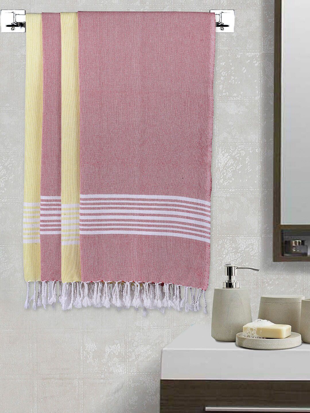 Arrabi Pack of 4 Yellow & White Striped 210 GSM Cotton Bath Towel Price in India