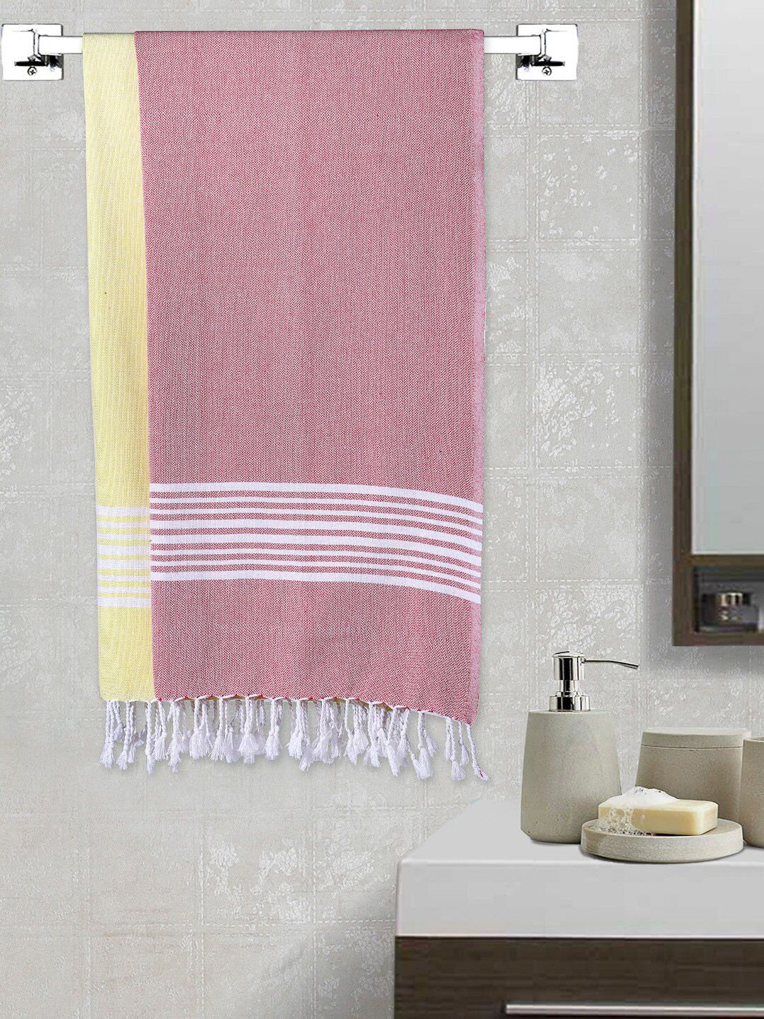Arrabi Set of 2 Pink & Yellow Striped 210 GSM Cotton Bath Towel Price in India
