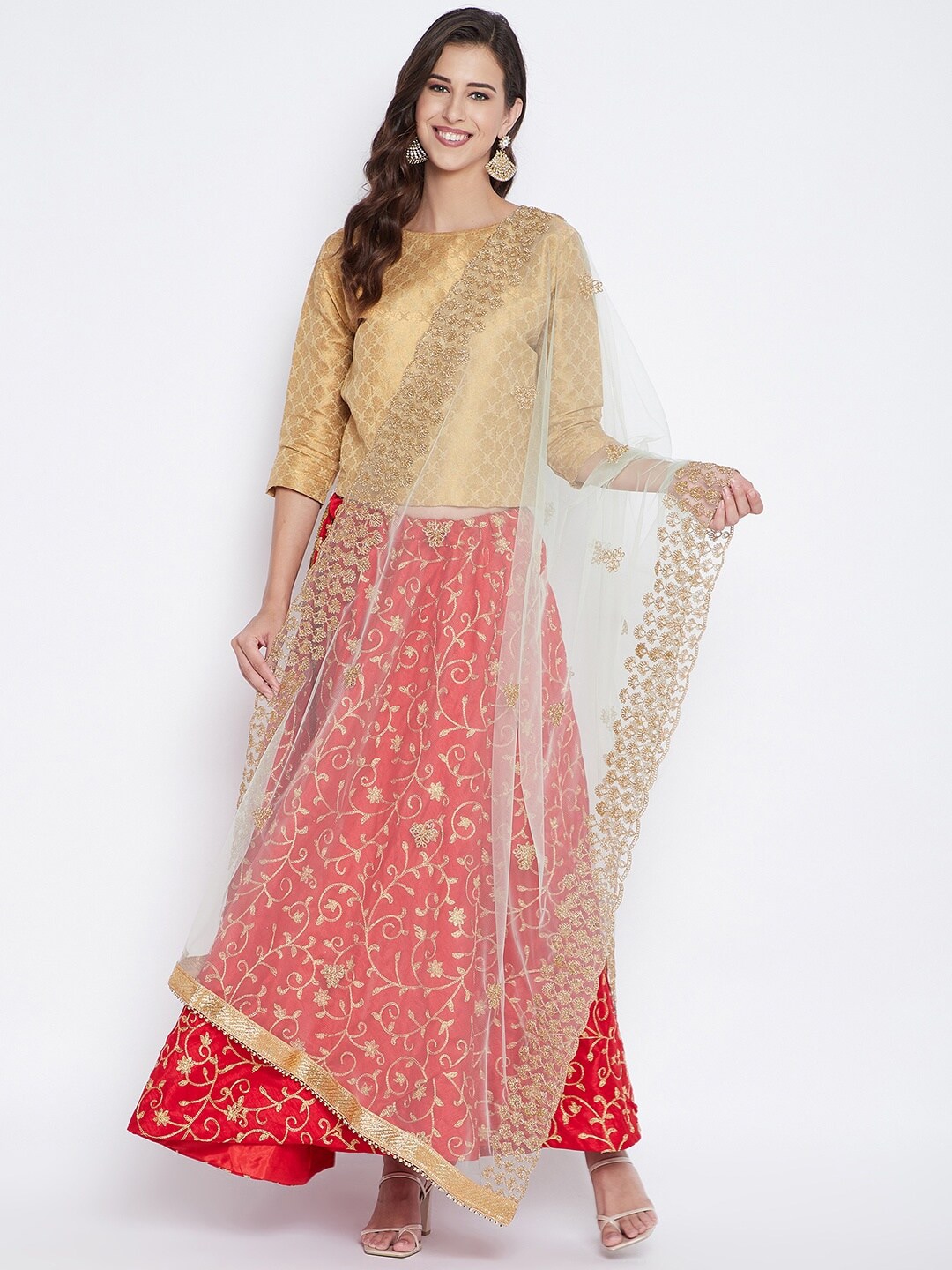 Clora Creation Women Gold-Toned Floral Embroidered Net Dupatta Price in India