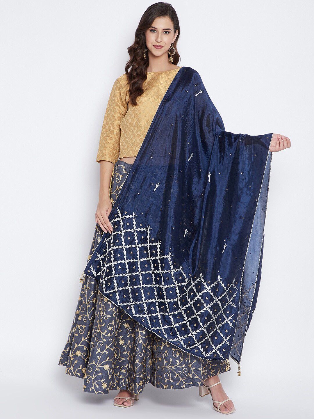 Clora Creation Navy Blue & Gold-Toned Embellished Dupatta With Gotta Patti Price in India