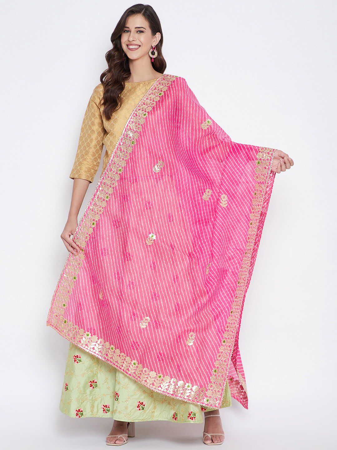 Clora Creation Women Pink & Gold-Toned Embroidered Dupatta Price in India