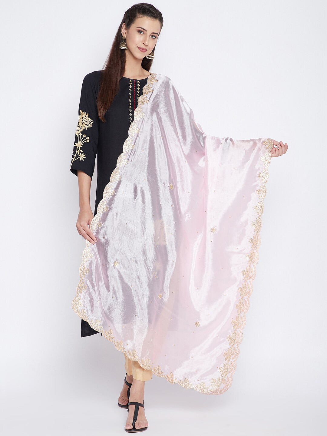 Clora Creation Women Pink & Gold-Toned Embroidered Dupatta Price in India