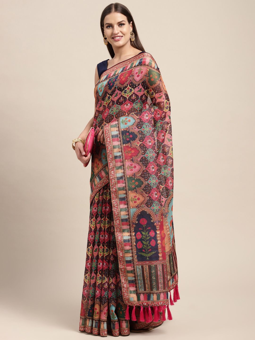 VASTRANAND Peach-Coloured & Multicoloured Kalamkari Sequinned Linen Blend Block Print Saree Price in India