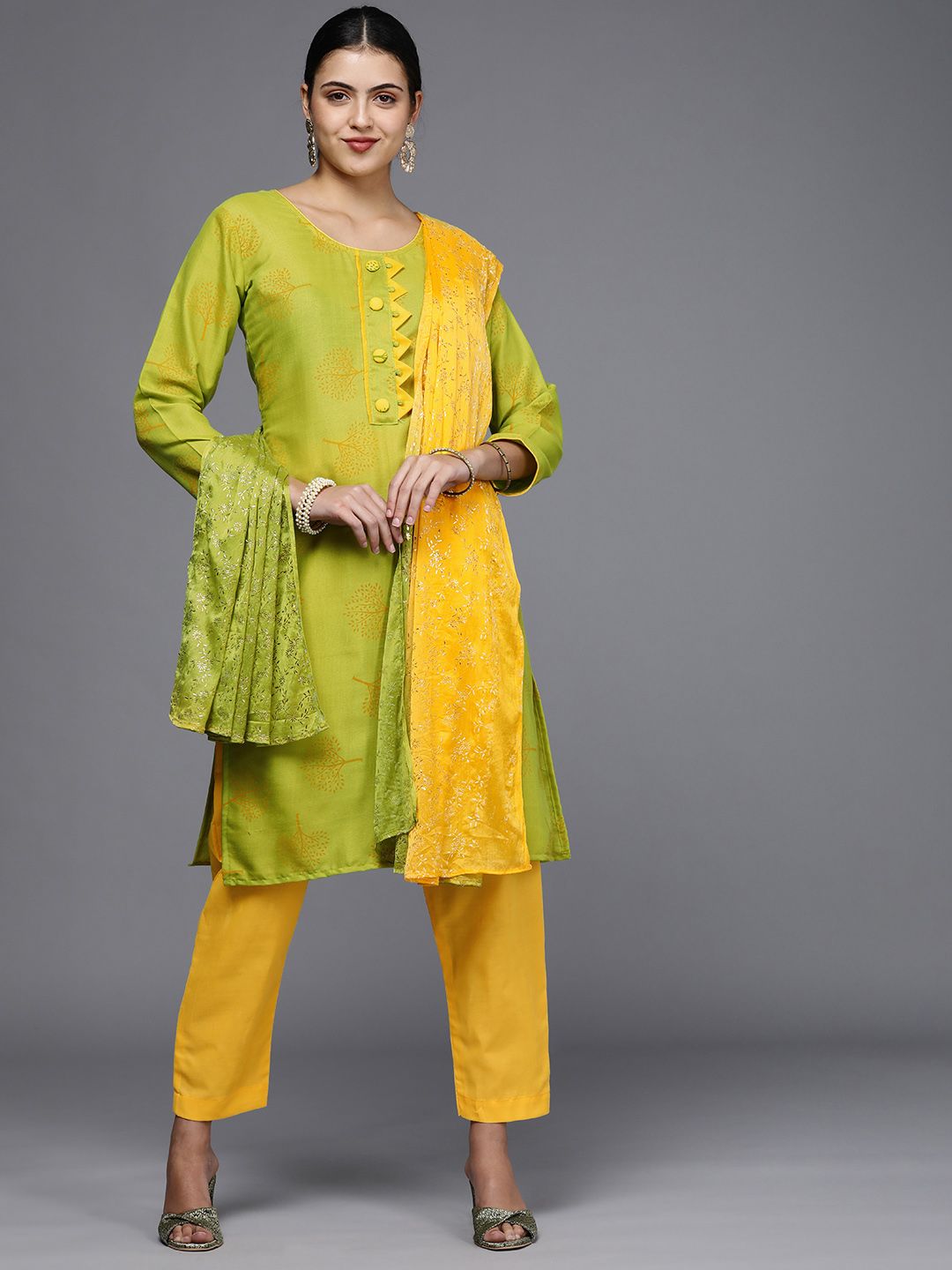 Mitera Green & Yellow Printed Unstitched Dress Material Price in India