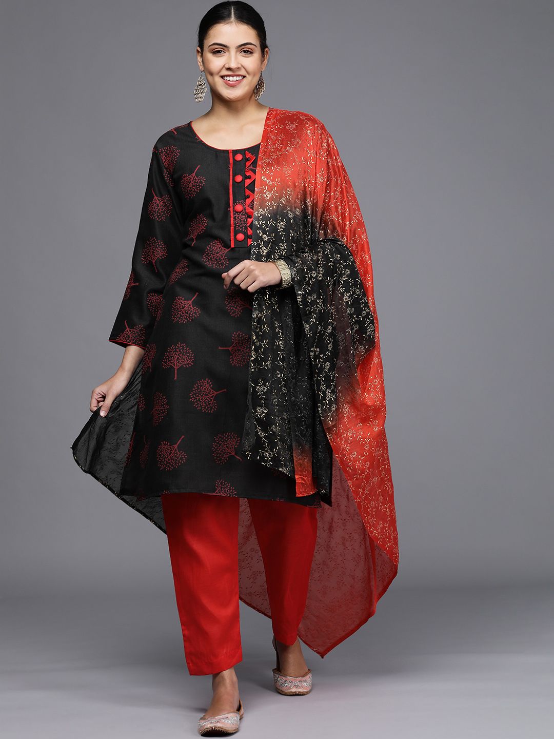 Mitera Black & Red Printed Unstitched Dress Material Price in India