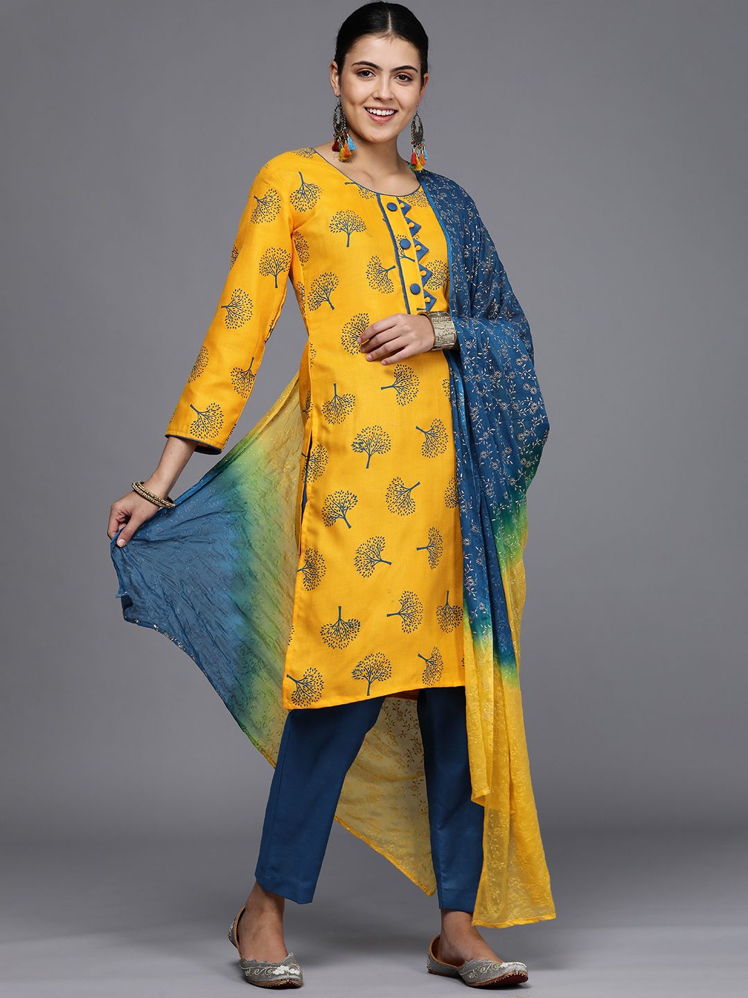Mitera Mustard & Navy Blue Printed Unstitched Dress Material Price in India