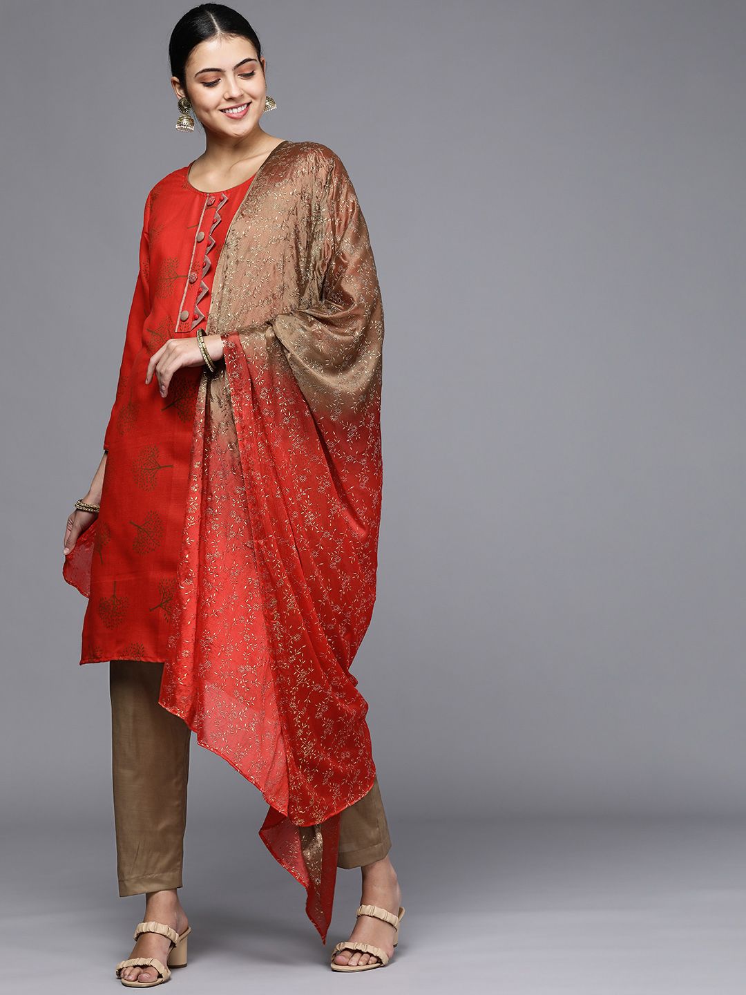 Mitera Red & Taupe Printed Unstitched Dress Material Price in India