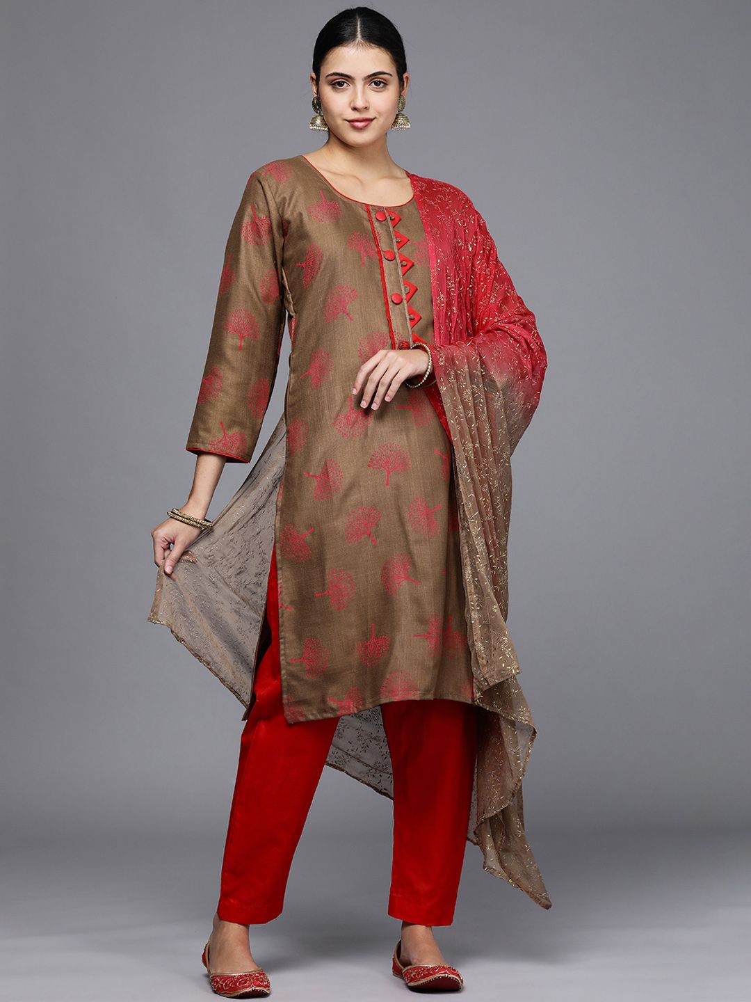 Mitera Taupe & Red Printed Unstitched Dress Material Price in India