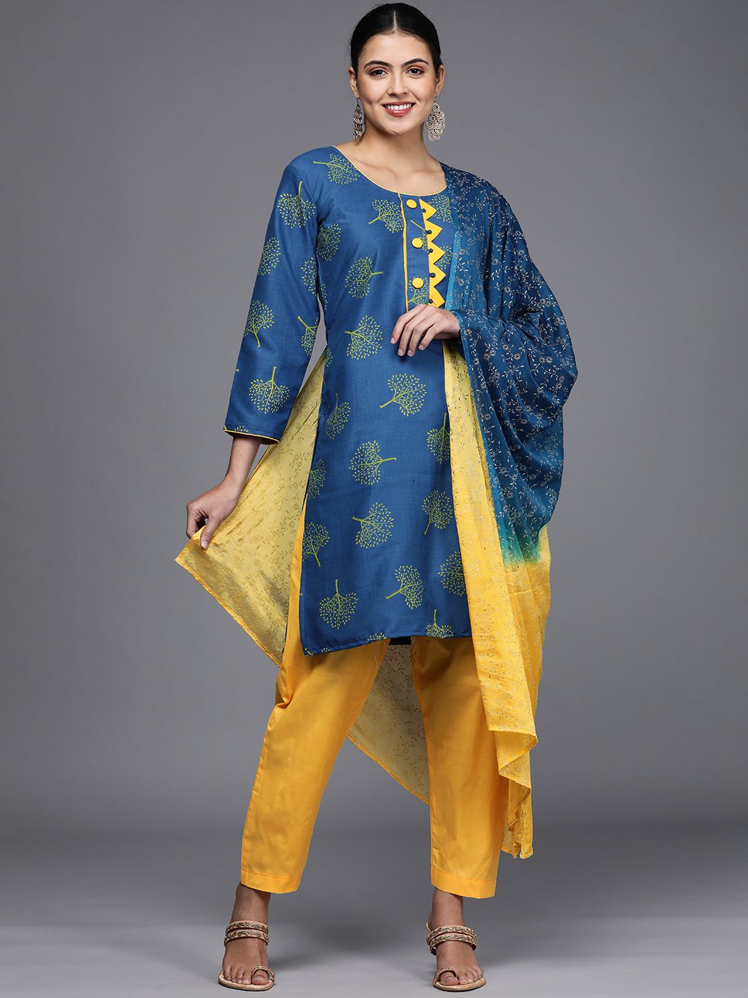 Mitera Navy Blue & Yellow Printed Unstitched Dress Material Price in India