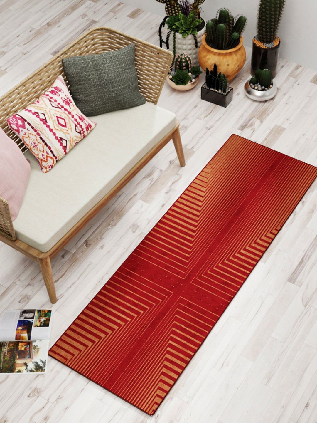BIANCA Red & Beige Geometric Printed Anti-Skid Carpet Price in India