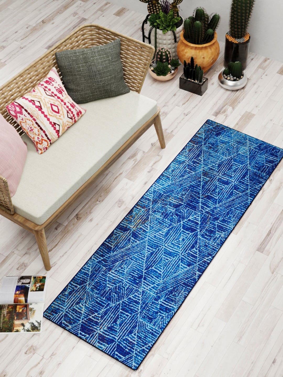 BIANCA Blue Geometric Printed Anti-Skid Carpet Price in India