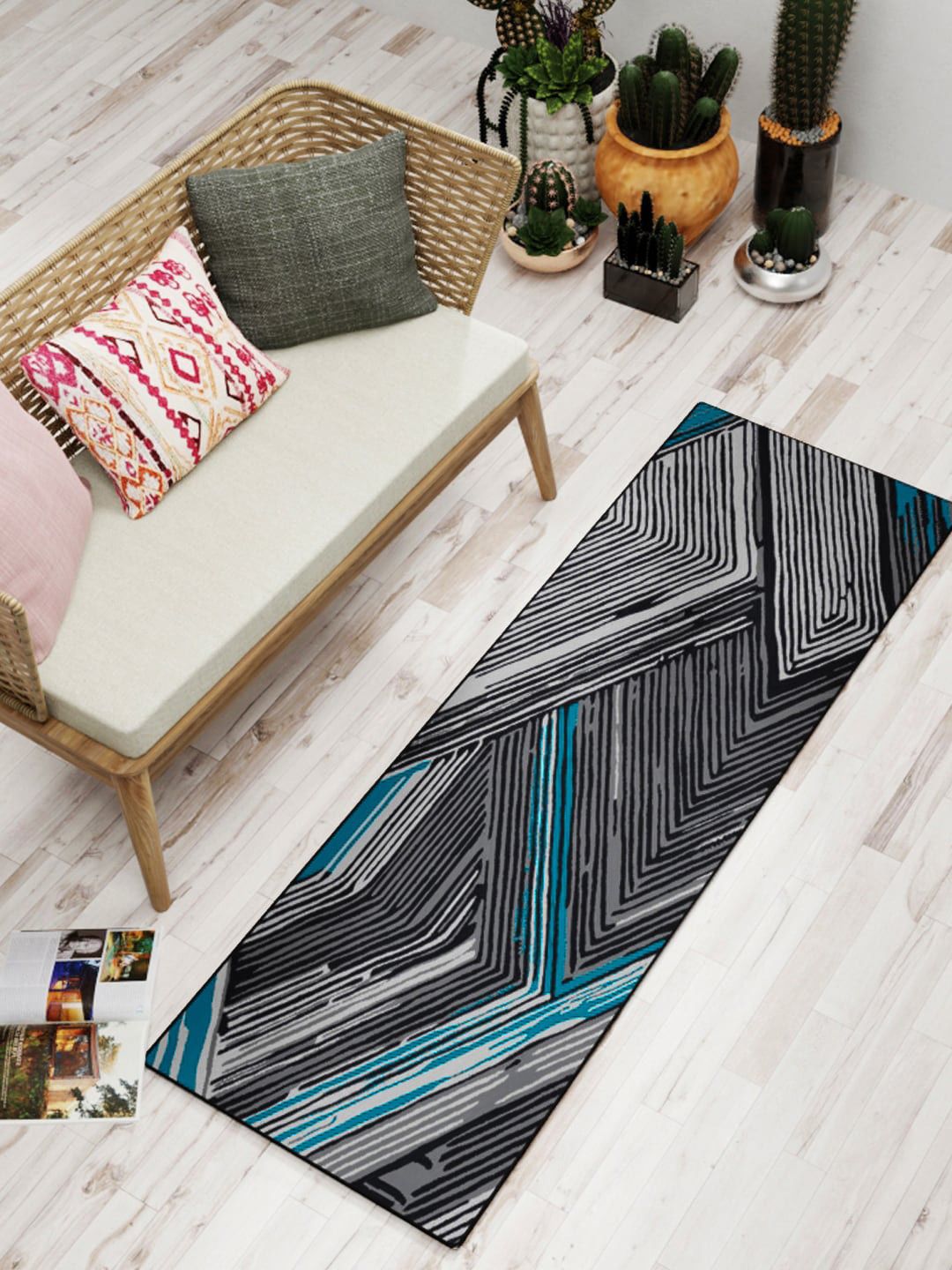 BIANCA Grey & Blue Geometric Printed Soft Anti Skid Rug Price in India