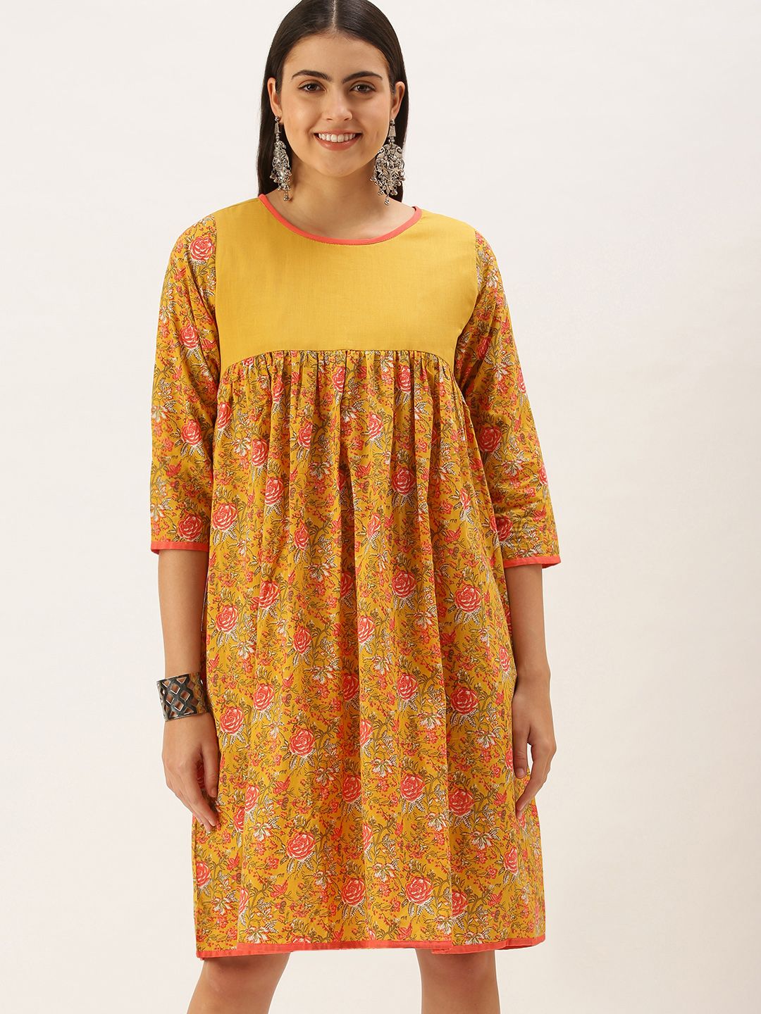 Saanjh Women Mustard Yellow & Pink Floral Cotton Empire Dress Price in India