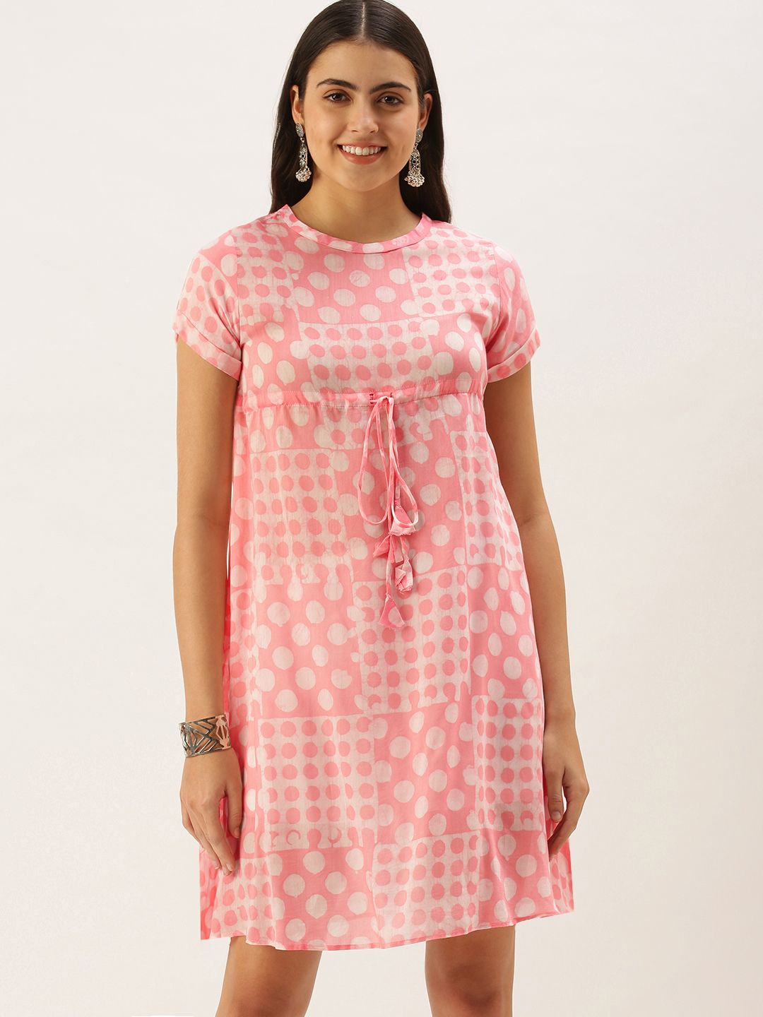 Saanjh Women Peach-Coloured & White Polka-Dot Empire Dress Price in India