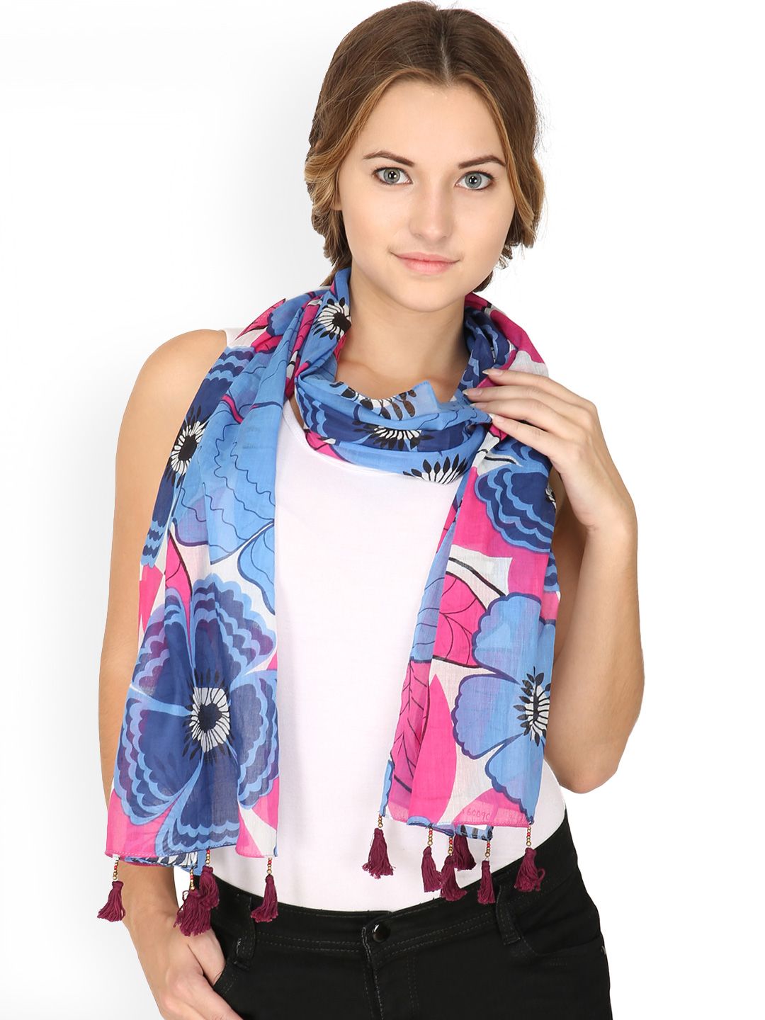 Anekaant Pink & Blue Floral Print Scarf Price in India