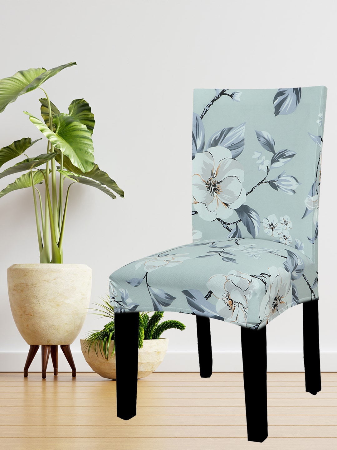 HOUSE OF QUIRK Set Of 2 Blue Floral Print Stretchable Chair Cover Price in India