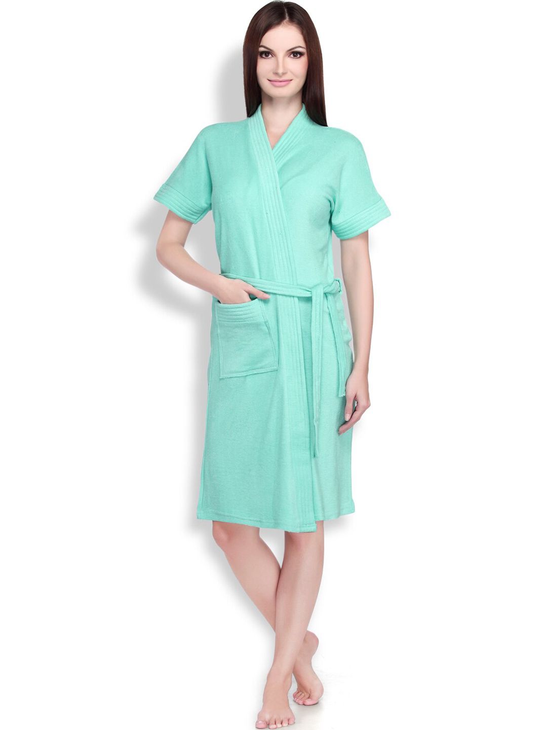Sand Dune Women Sea Green Solid Pure Terry Cotton Knee-Length Bathrobe Price in India