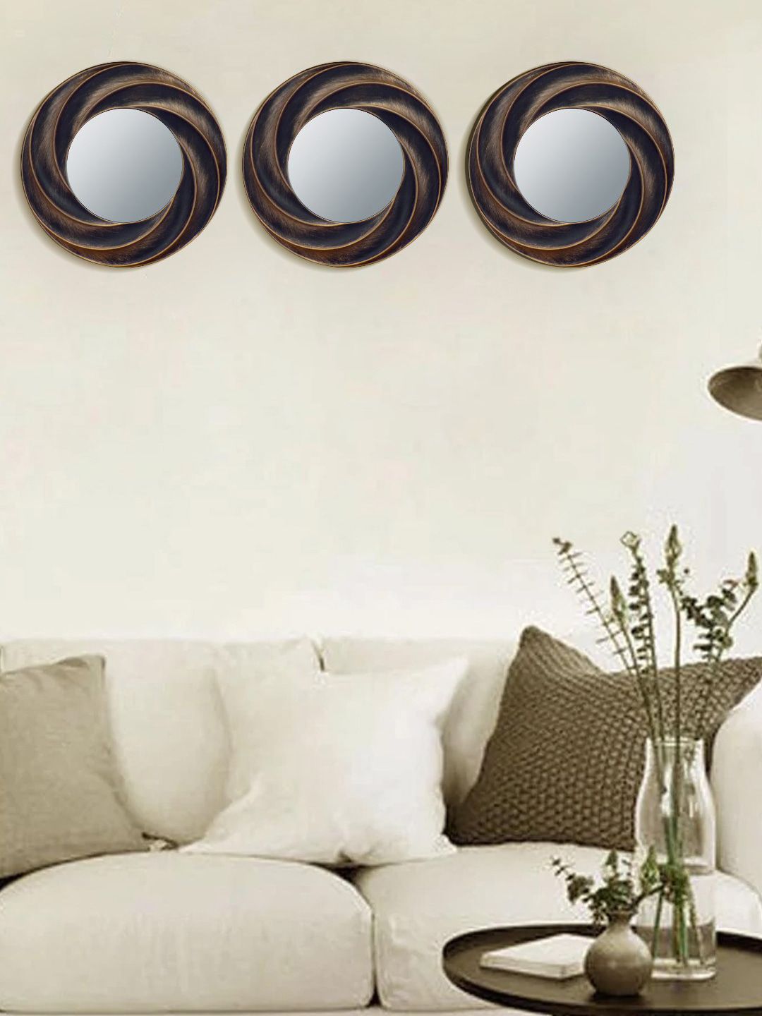MARKET99 Set of 3 Brown & Black Round Wall Mirror Price in India