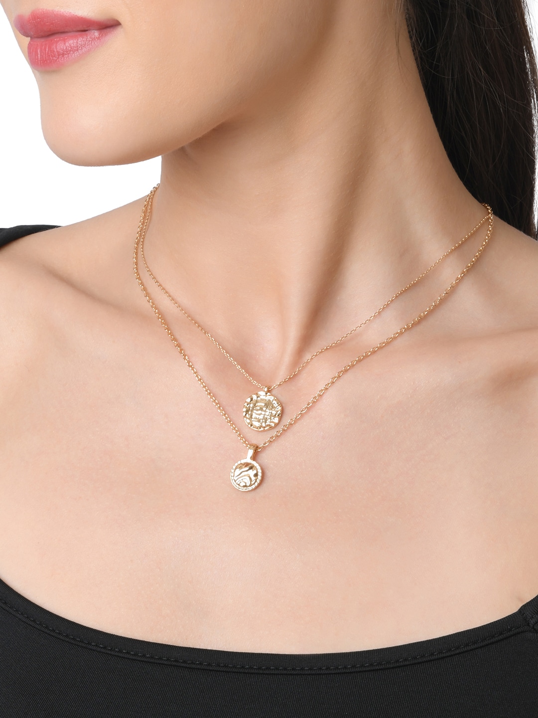 Lilly & sparkle Women Gold-Plated Layered Necklace With Textured Coin Charm Price in India