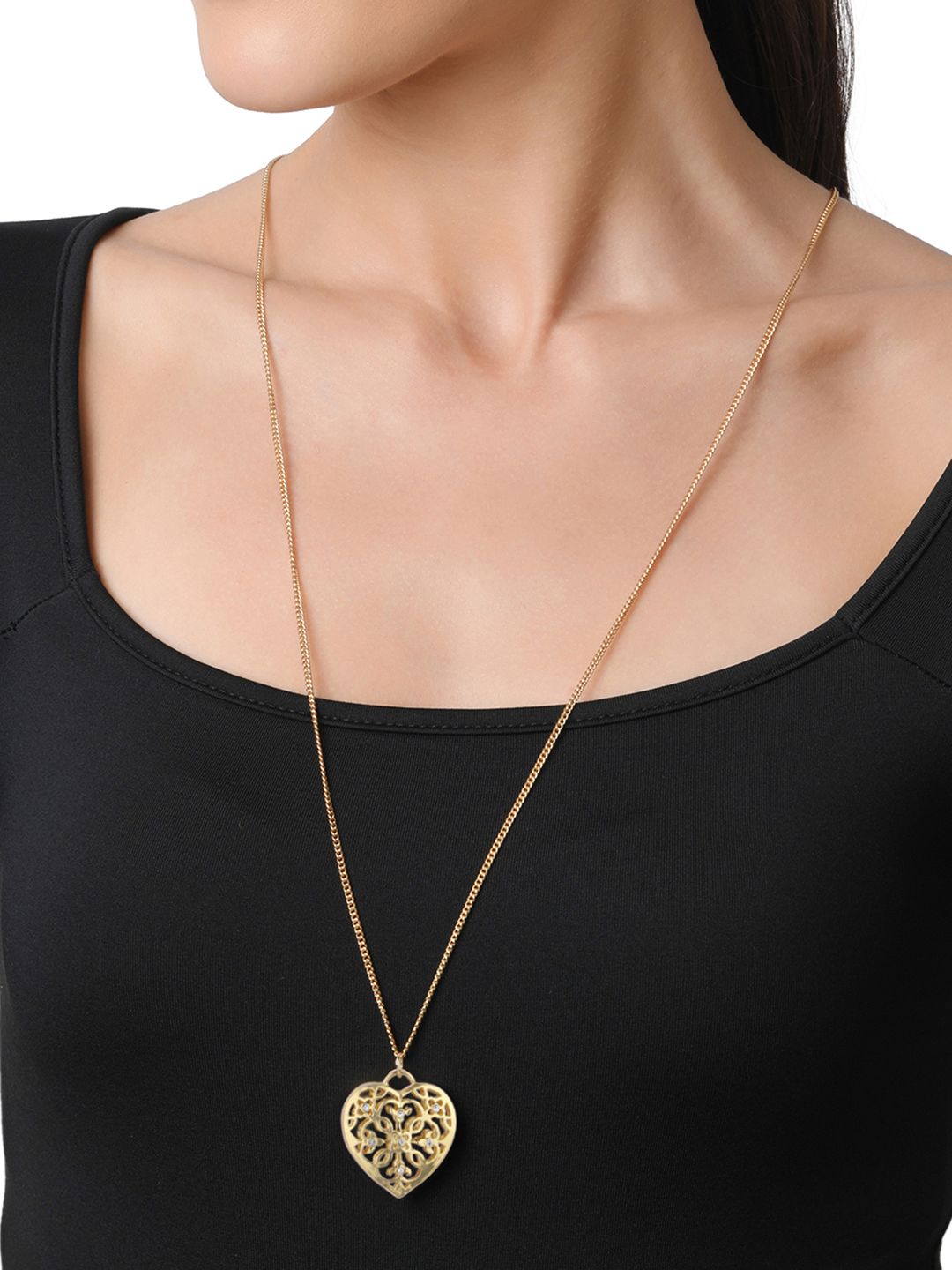 Lilly & sparkle Gold-Plated Long Chain Necklace With Filigree Heart Locket Price in India