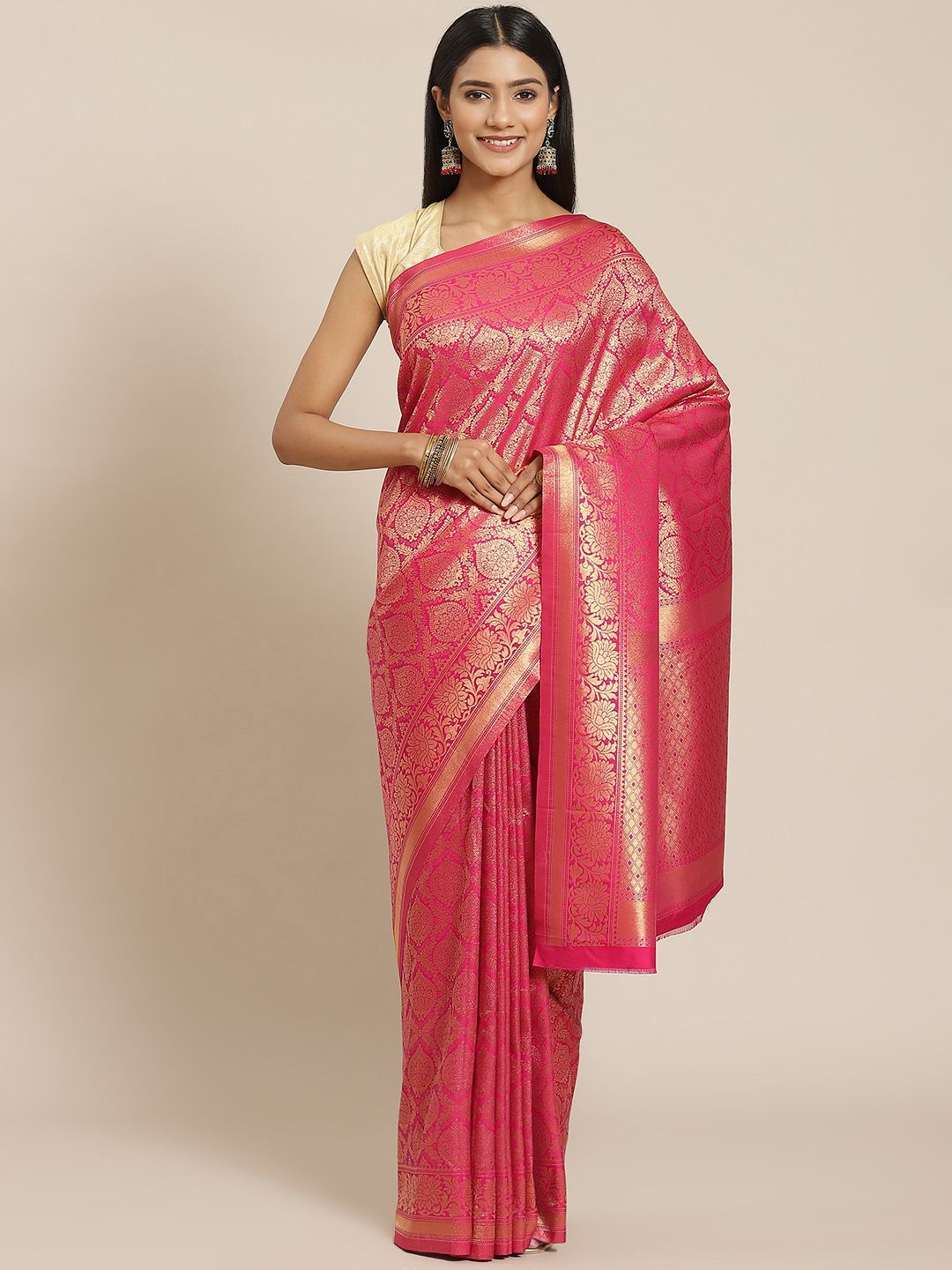 Meena Bazaar Pink & Gold-Toned Ethnic Motifs Zari Silk Blend Saree Price in India