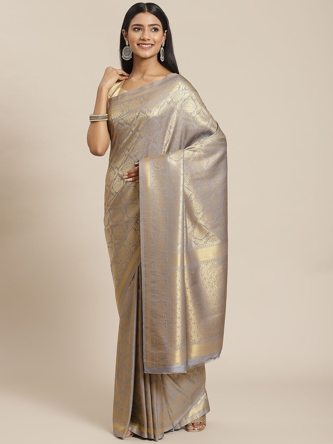 Meena Bazaar Grey & Gold-Toned Ethnic Motifs Zari Silk Blend Saree Price in India