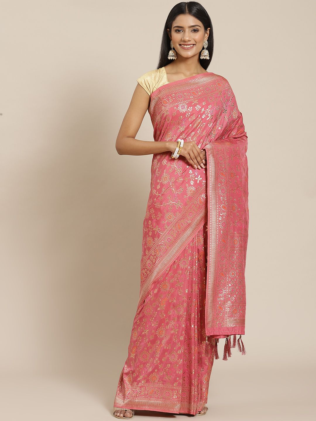 Meena Bazaar Pink Ethnic Motifs Zari Silk Blend Banarasi Saree Price in India