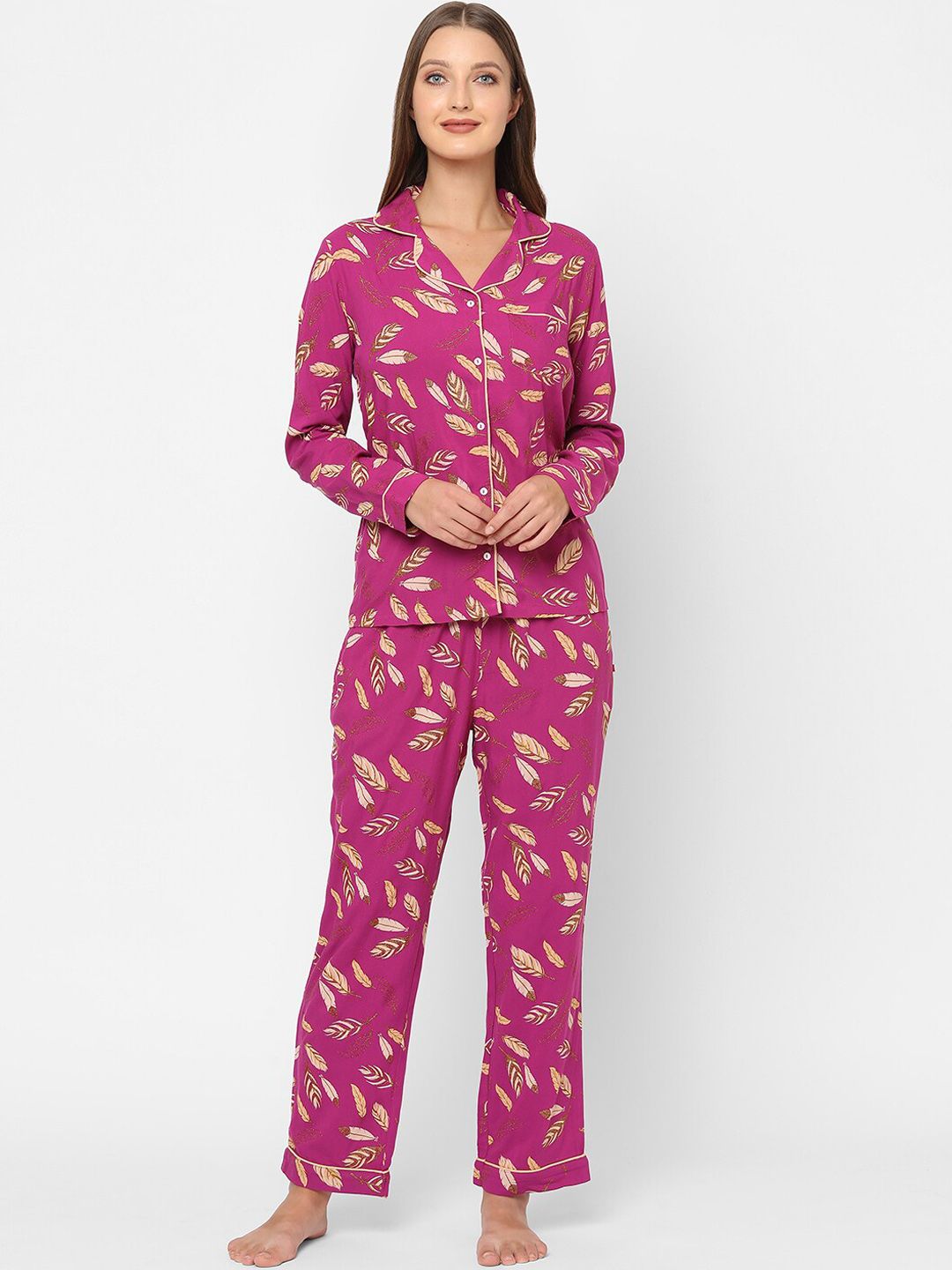 MAYSIXTY Women Pink & Brown Printed Night Suit Price in India