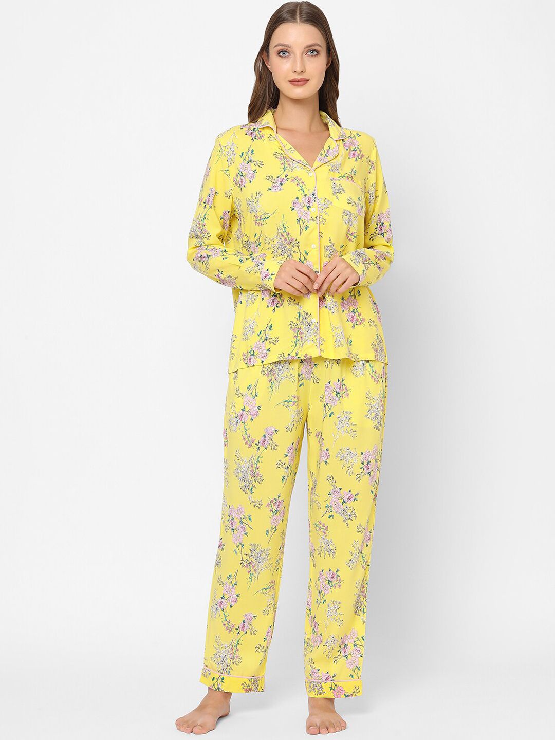 MAYSIXTY Women Yellow & Pink Printed Pure Cotton Night Suit Price in India