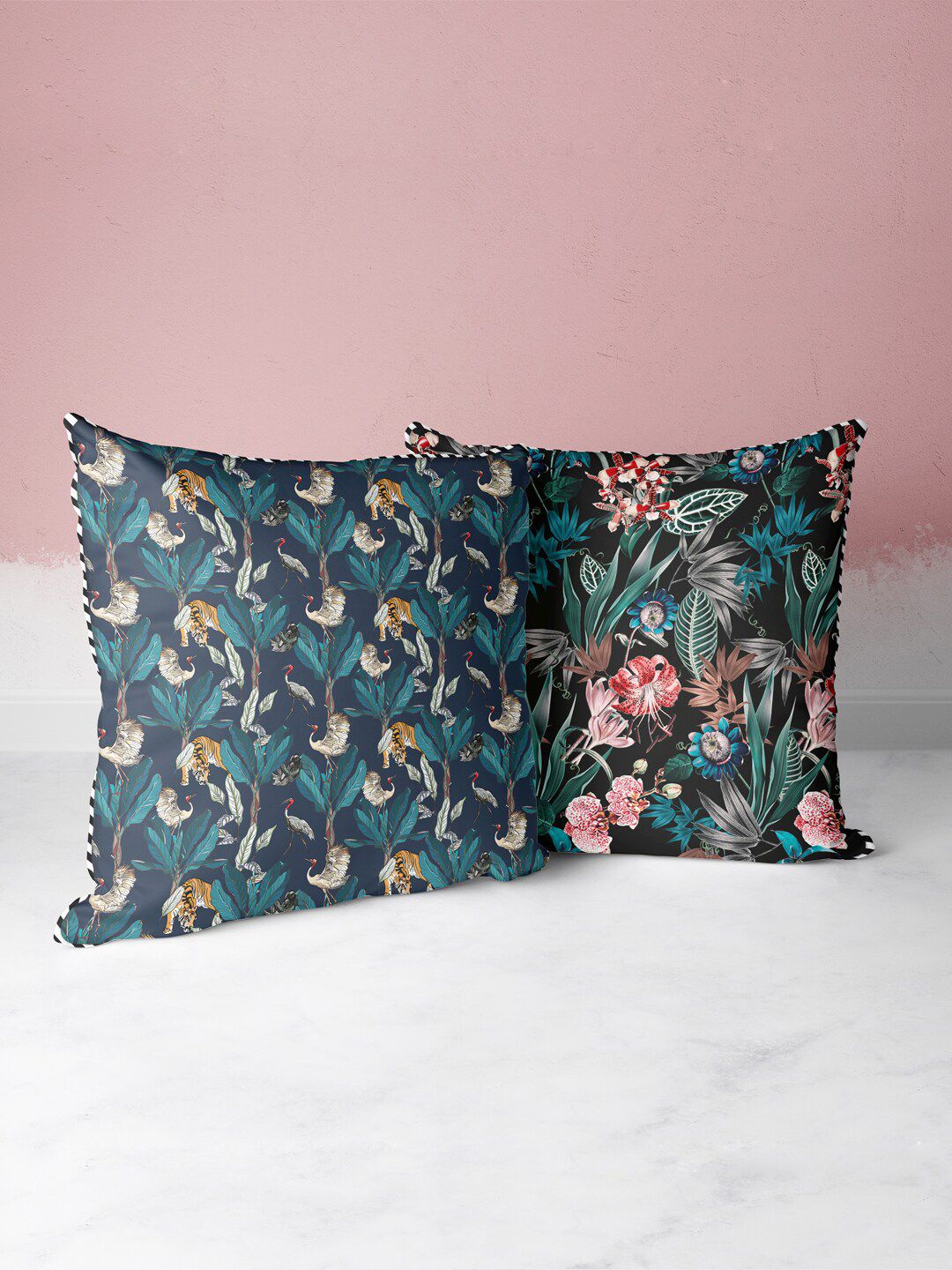 BIANCA Black & Pink Set of 2 Floral Square Cushion Covers Price in India