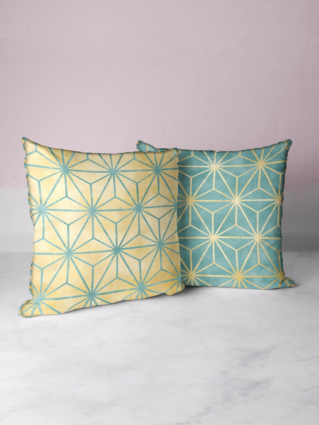 BIANCA Beige & Sea Green Set of 2 Geometric Square Cushion Covers Price in India