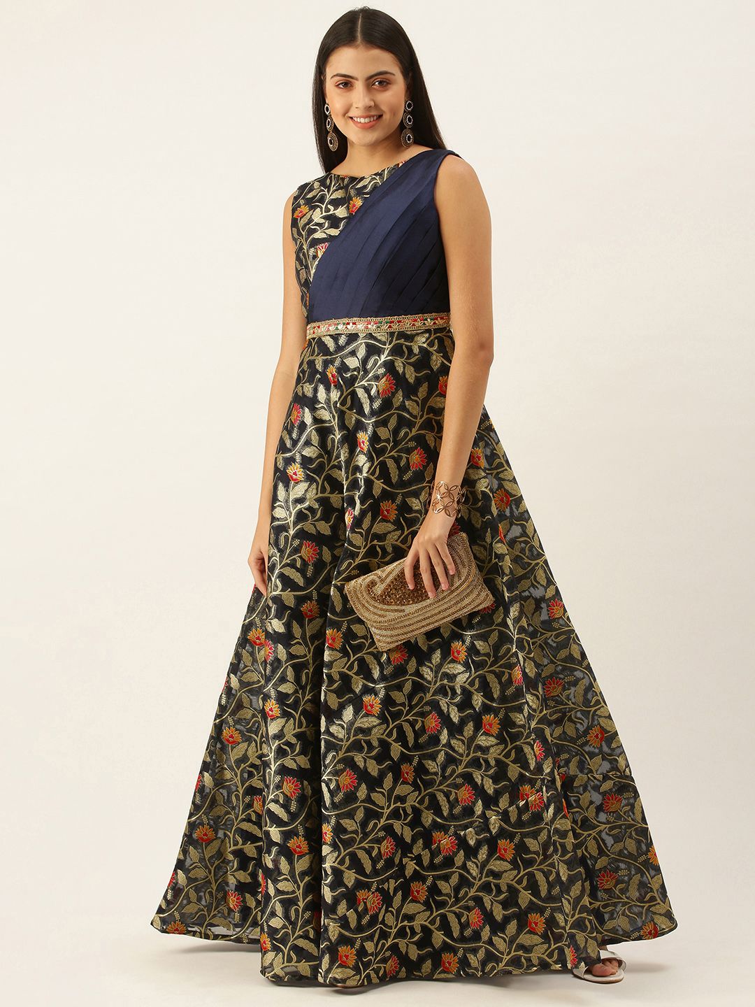 EthnoVogue Women Blue & Beige Made To Measure Floral Print Ethnic A-Line Maxi Dress Price in India