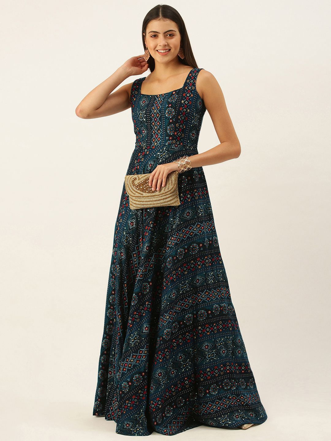 EthnoVogue Women Blue & White Made To Measure Ethnic Motifs Ethnic A-Line Maxi Dress Price in India