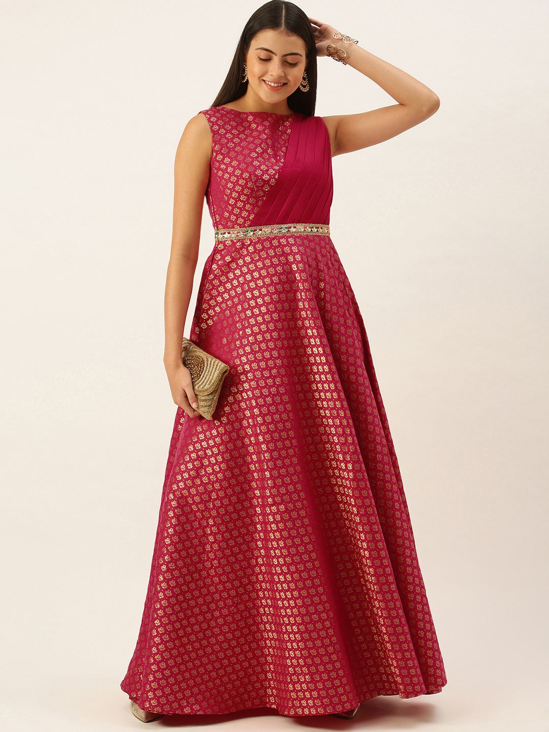 EthnoVogue Women Pink & Gold-Toned Made To Measure Ethnic Motifs  A-Line Maxi Dress Price in India