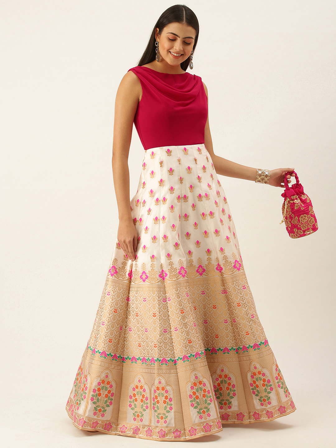 EthnoVogue Women White & Pink Made To Measure Ethnic Motifs A-Line Maxi Dress Price in India