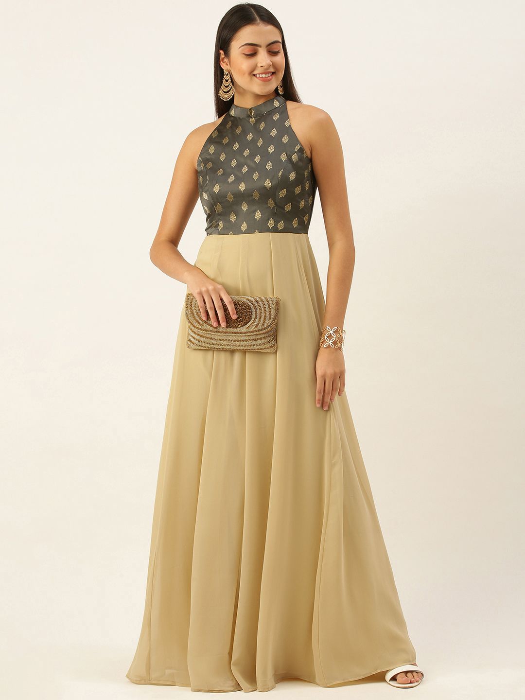 EthnoVogue Women Grey & Beige Made To Measure Ethnic Motifs Georgette A-Line Maxi Dress Price in India