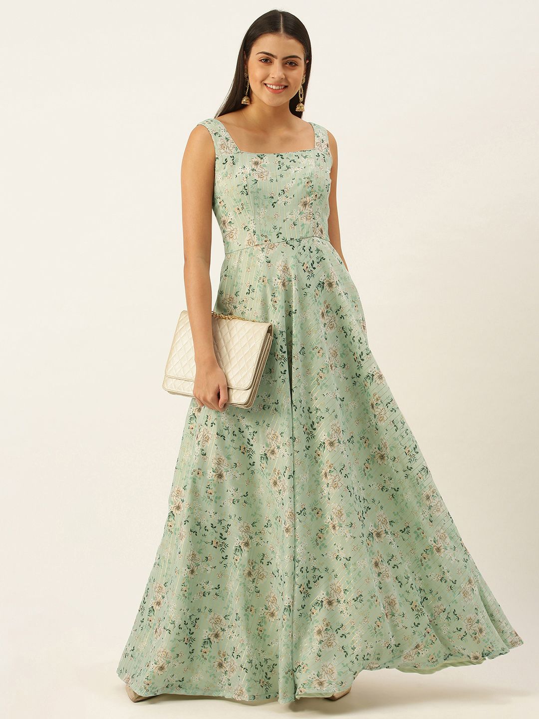 EthnoVogue Women Sea Green & Beige Cotton Made To Measure Floral Print A-Line Maxi Dress Price in India