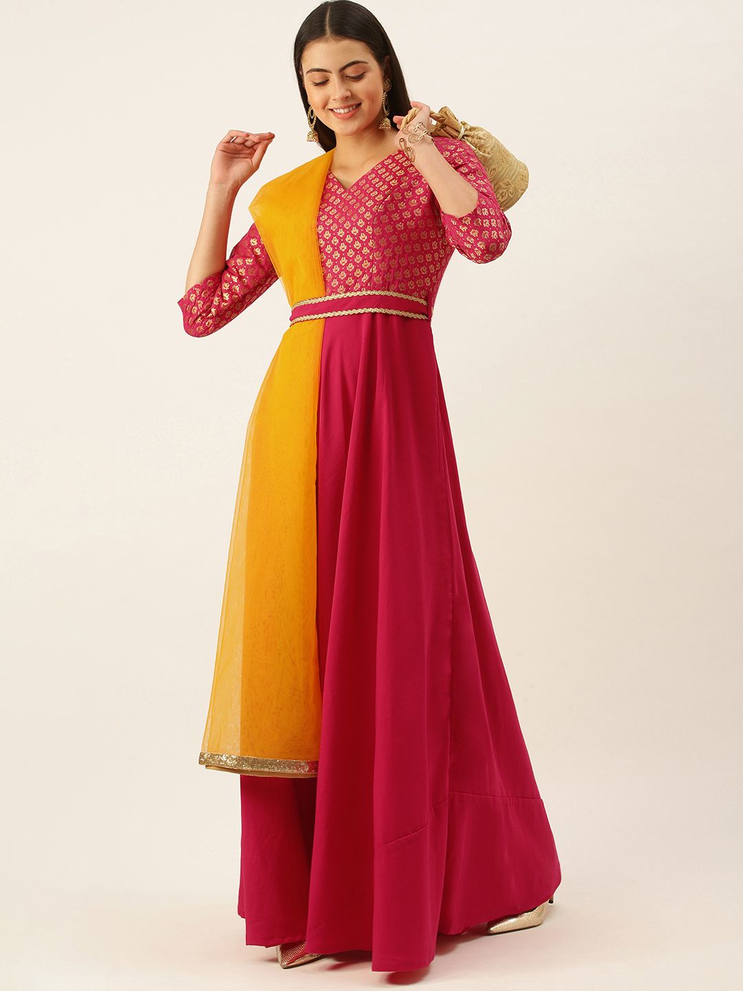 EthnoVogue Women Pink & Gold-TonedMade To Measure Ethnic Motifs A-Line Maxi Dress Price in India