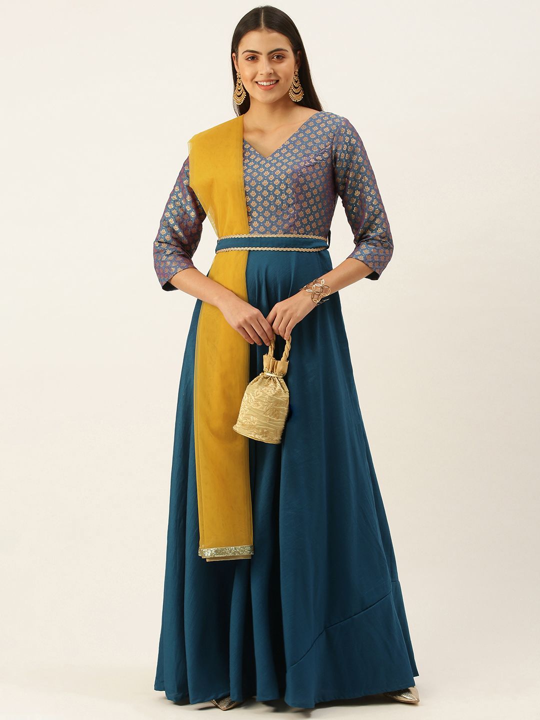 EthnoVogue Women Blue & Gold-Toned Made To Measure Motifs Ethnic A-Line Maxi Dress Price in India