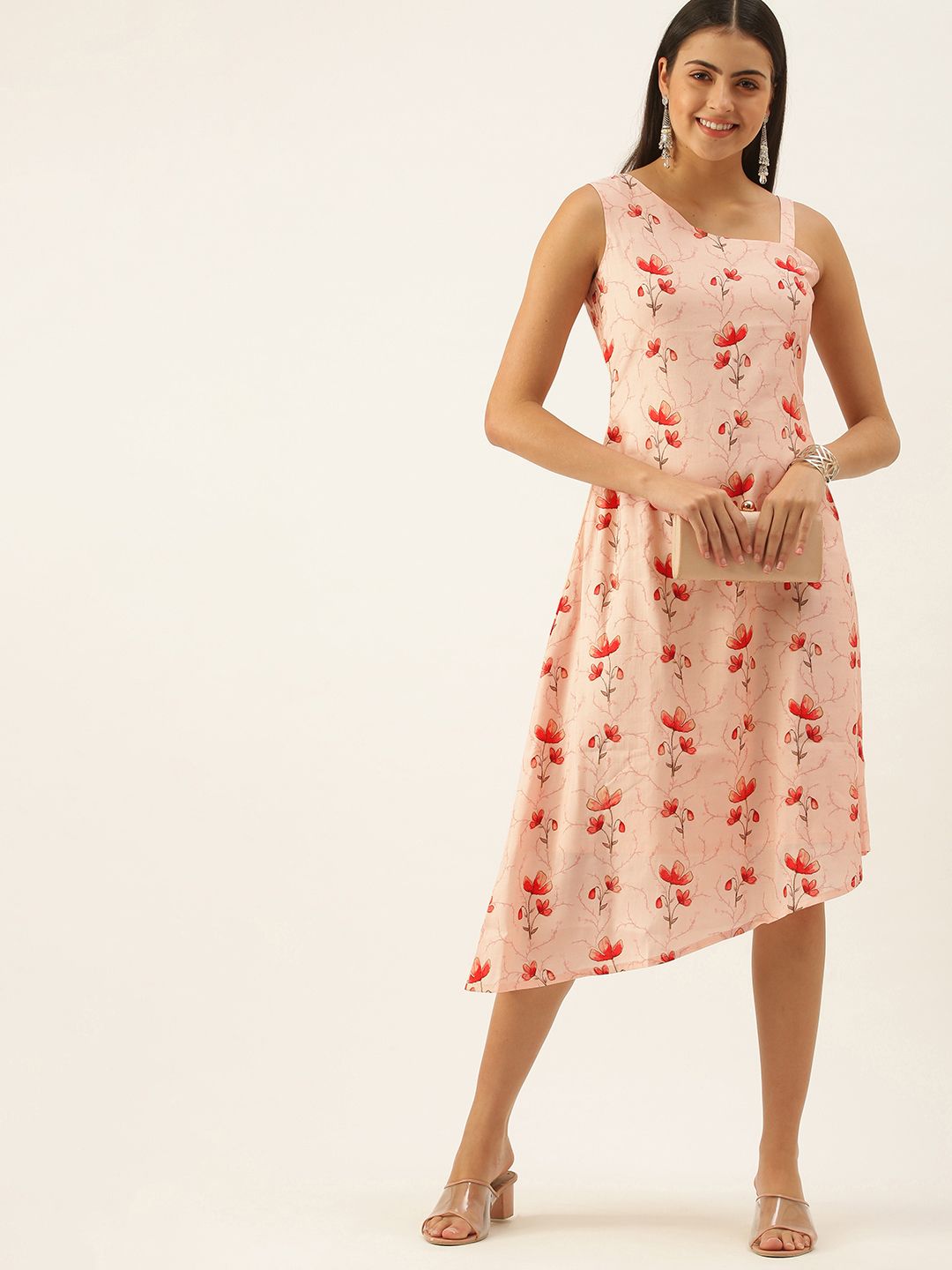 EthnoVogue Women Peach-Coloured & Red Made To Measure Floral Satin A-Line Midi Dress Price in India