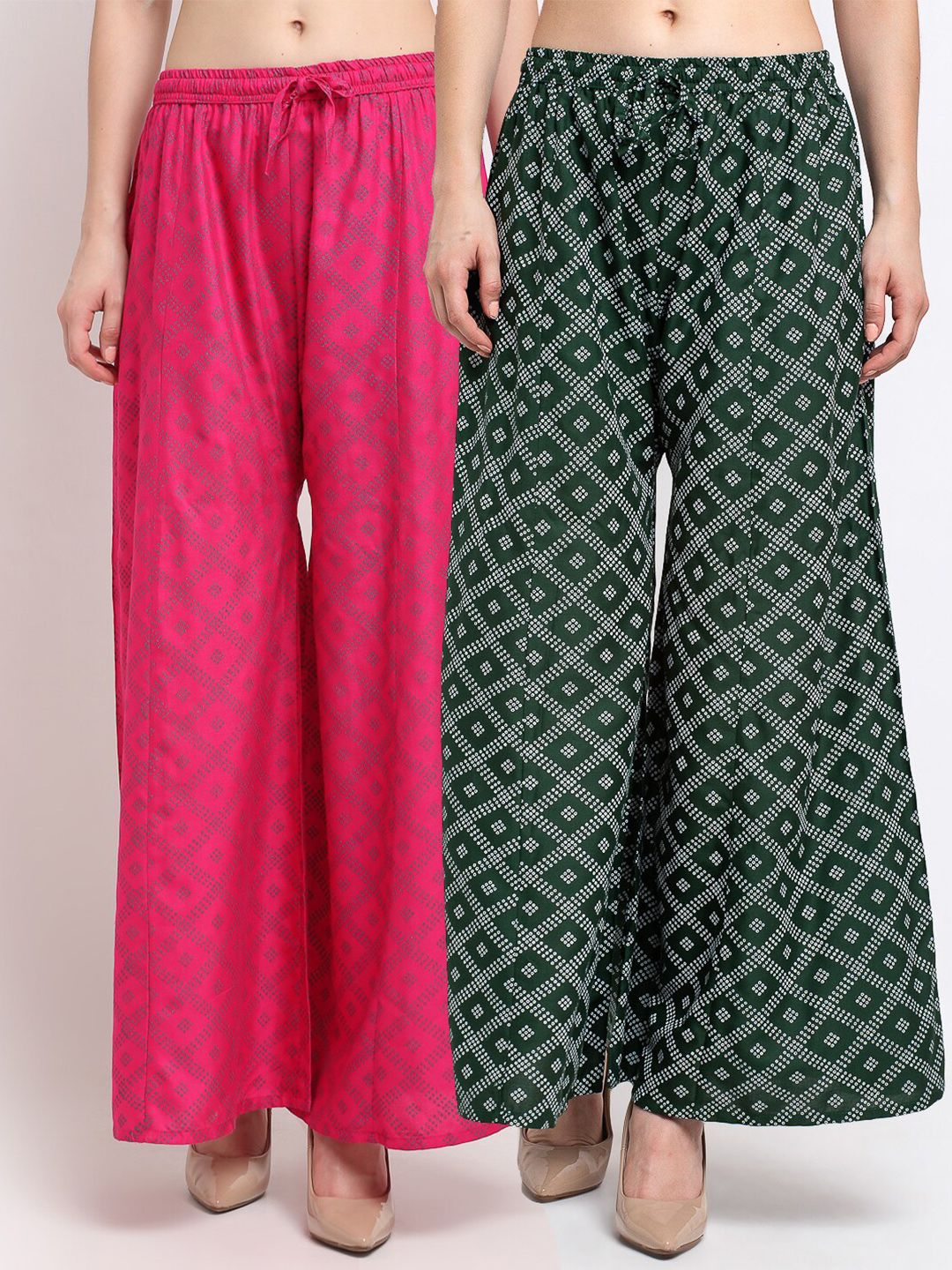 GRACIT Women Pink & Green Block Printed Flared Palazzos Set Of 2 Price in India