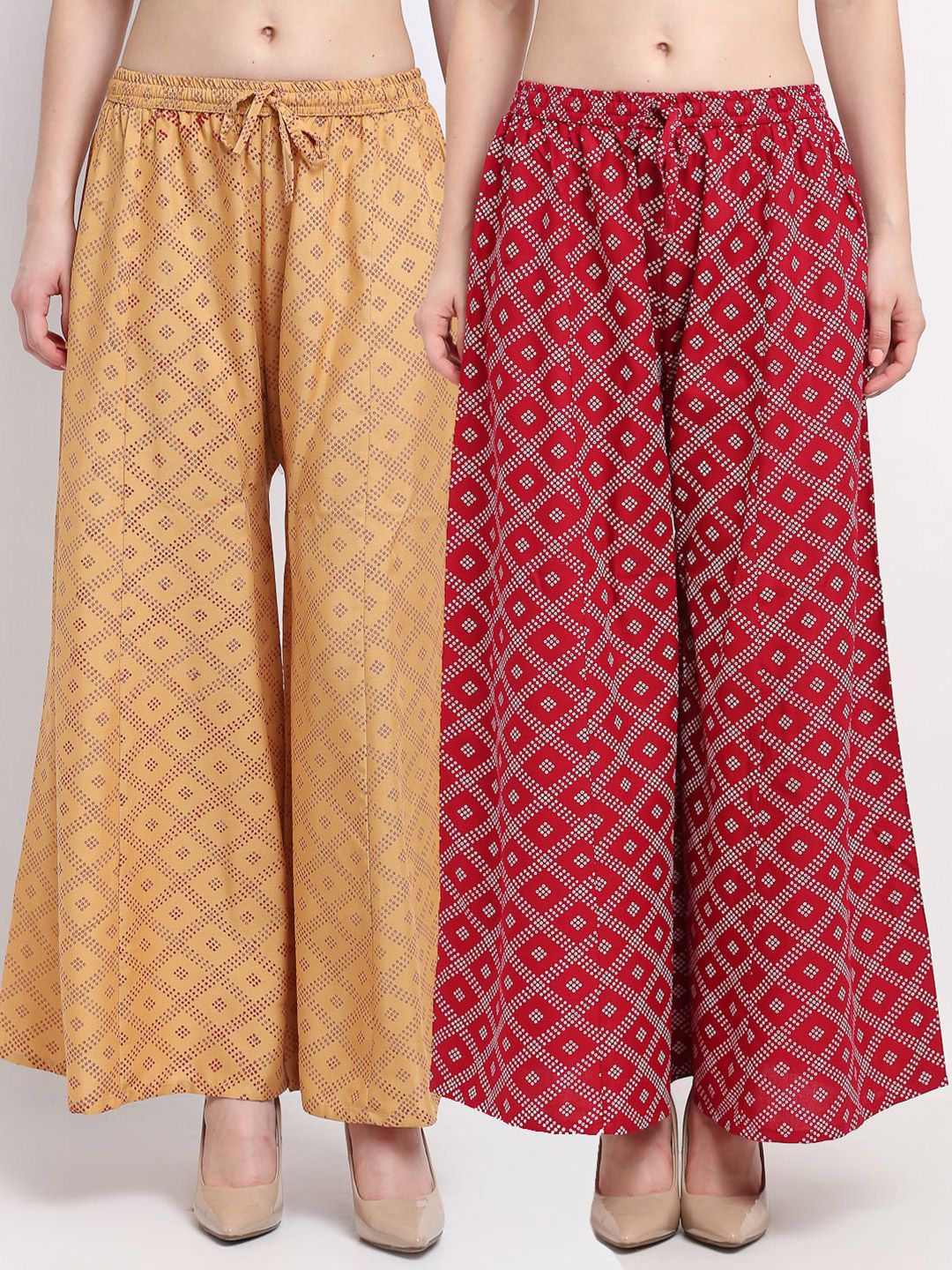 GRACIT Women Beige & Maroon Set Of 2 Printed Flared Knitted Palazzos Price in India