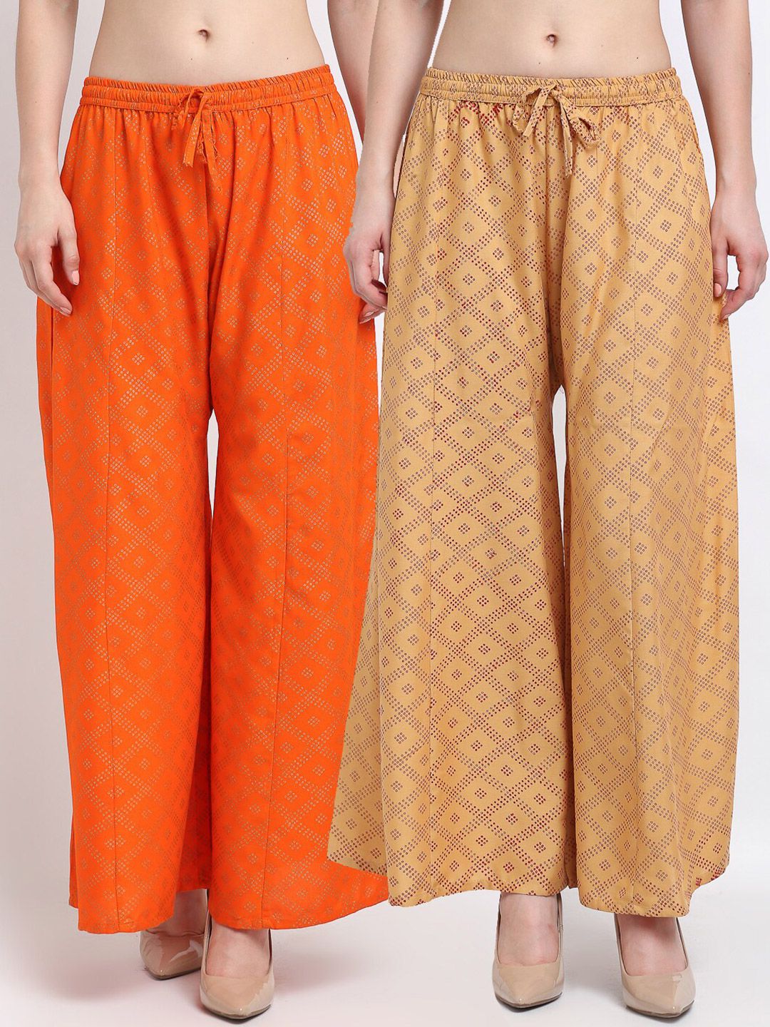 GRACIT Women Orange & Beige Pack of 2 Printed Flared Ethnic Palazzos Price in India