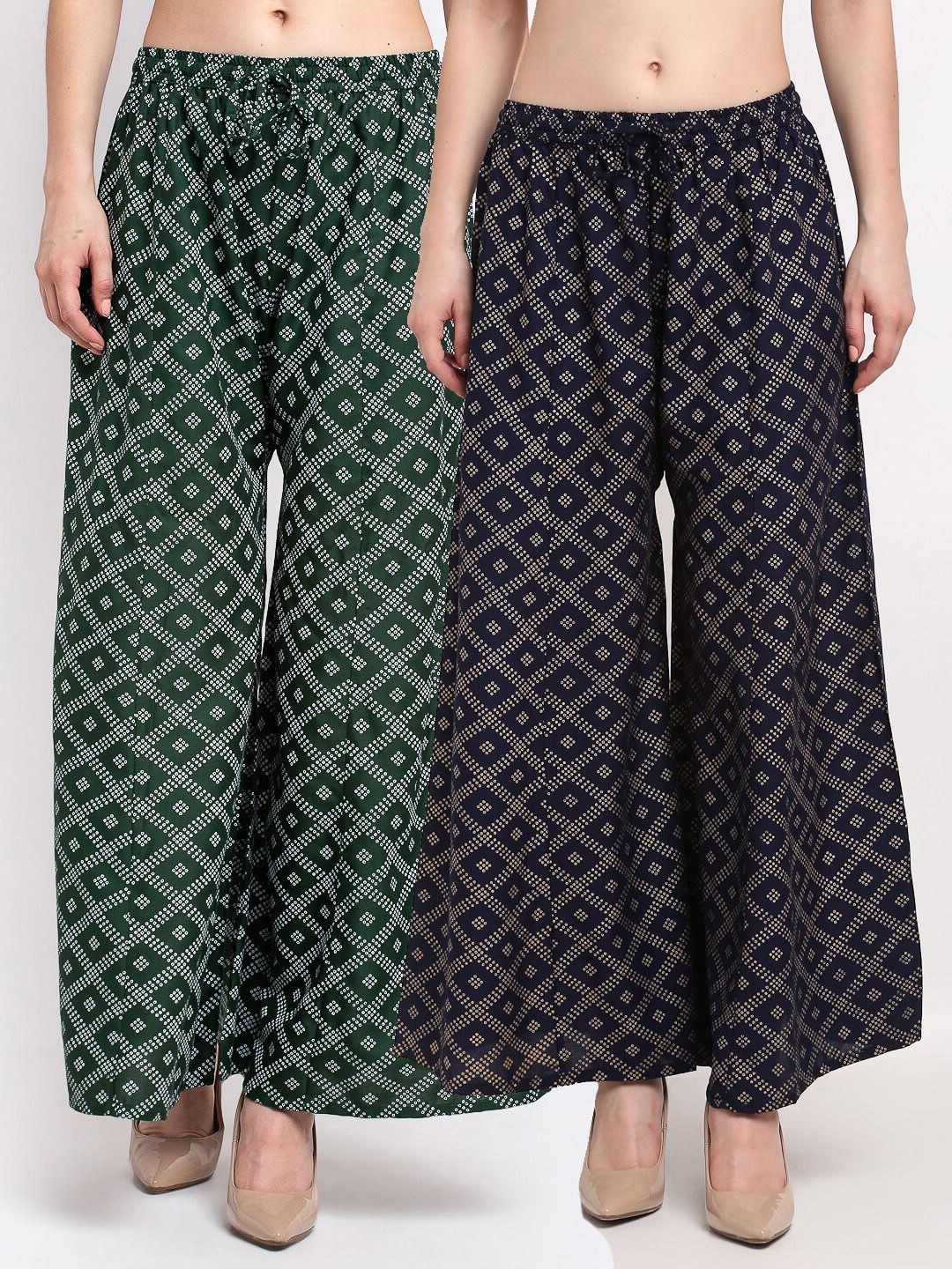 GRACIT Women Green & Navy Blue Set Of 2 Embellished Flared Knitted Ethnic Palazzos Price in India